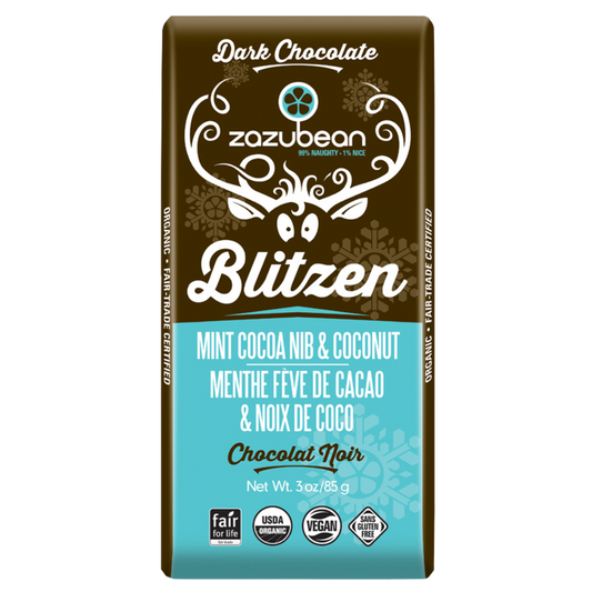 ZAZUBEAN ORGANIC CHOCOLATES    Seasonal    ZAZUBEAN ORGANIC CHOCOLATES    Seasonal    Org Blitzen Mint/CoconutDark85g*12