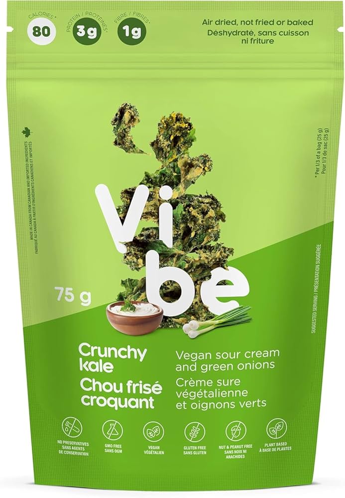 Vibe Foods    Vibe Crunchy Kale    Flavour: Vegan Sour Cream and Green Onion 
Container Size: 75 g    Pack of 12