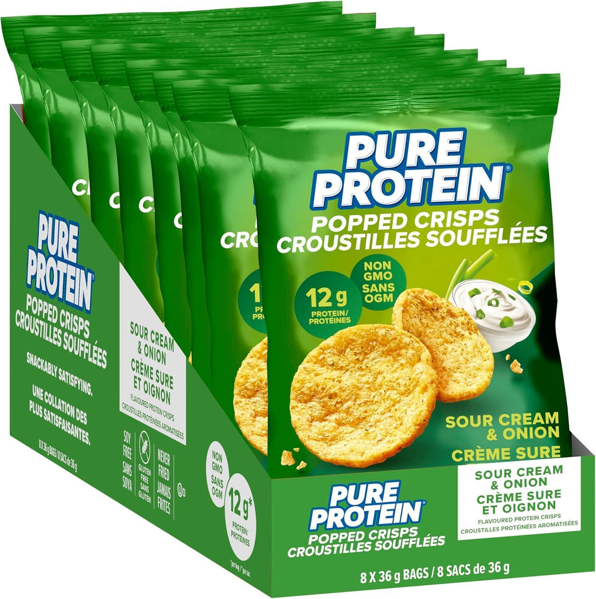PURE PROTEIN POPPED CRISPS SOUR CR&ONION 36G pack of 8