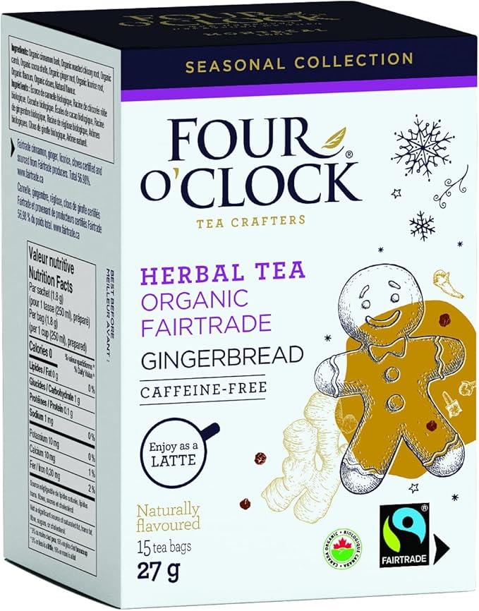 Four O'Clock Gingerbread Herbal Tea Organic Fairtrade, Winter Collection, Kosher, Gluten Free, 15 Teabags