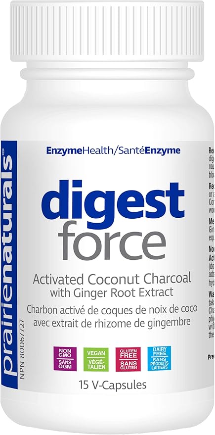 PrairieNaturals   Digest-Force Activated Coconut Charcoal & Ginger Root Extract   15 V-Caps