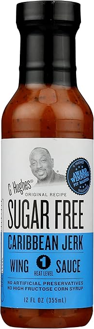 G Hughes Sugar Free Sauce    G Hughes Wing Sauce    Flavour: Caribbean Jerk 
Container Size: 355 mL    Case of 6
