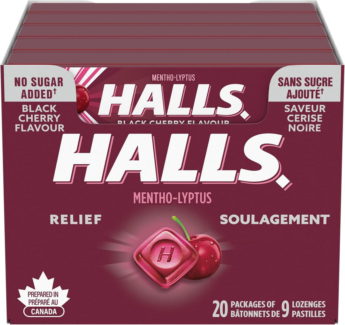 HALLS NO SUGAR ADDED BLACK CHERRY 9PC LOZENGE pack of 20