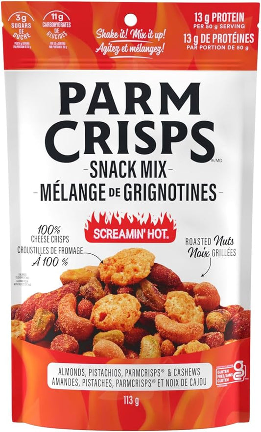 ParmCrisps    ParmCrisps Snack Mix    Flavour: Screamin' Hot Cheddar 
Container Size: 113 g    Pack of 12