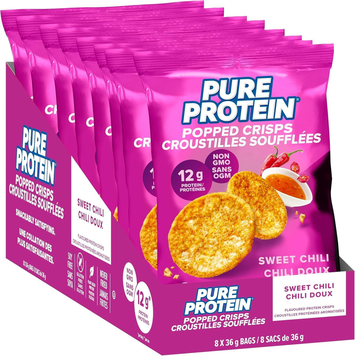 PURE PROTEIN POPPED CRISPS SWEET CHILI 36G pack of 8