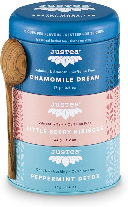 JUSTEA -   Herbal Tea Trio Tins (Chamomile Dream, Berry Hibiscus, Peppermint Detox)    68g