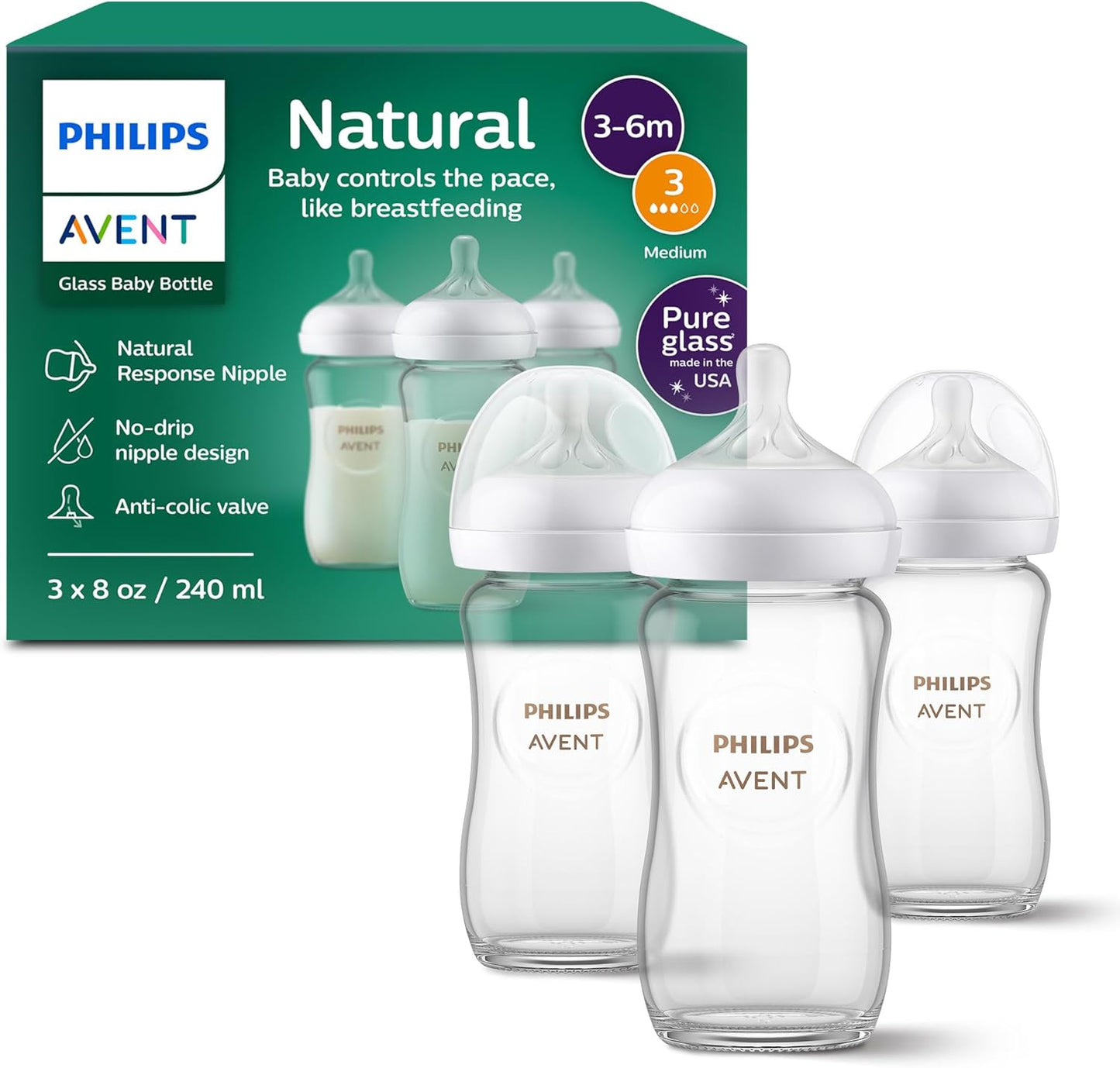 AVENT NAT GLASS BOTTLES 8OZ 3