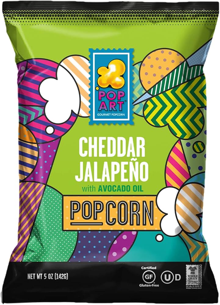 Pop Art Snacks    Pop Art Popcorn (Bilingual)    Flavour: Cheddar Jalapeno 
Container Size: 142 g    Case of 9