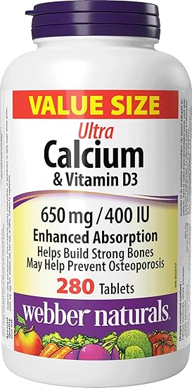 Webber Naturals - Ultra Calcium & Vitamin D3 Enhanced Absorption
650 mg / 400 IU Value Size - 280 Tablets