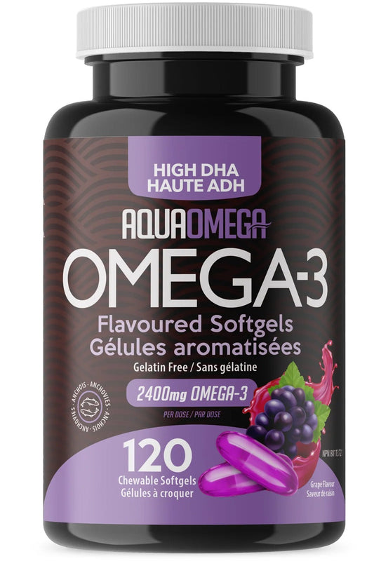 AQUAOMEGA    Gelatin Free Fish Oil Omega3    AQUAOMEGA    Gelatin Free Fish Oil Omega3    High DHA Grape Chew 120ct