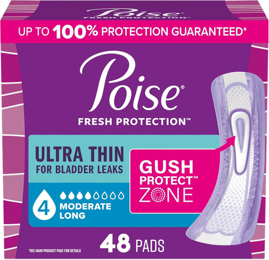 POISE ULTRA THIN PADS MODERATE ABSORBENCY LONG 48 pack of 4