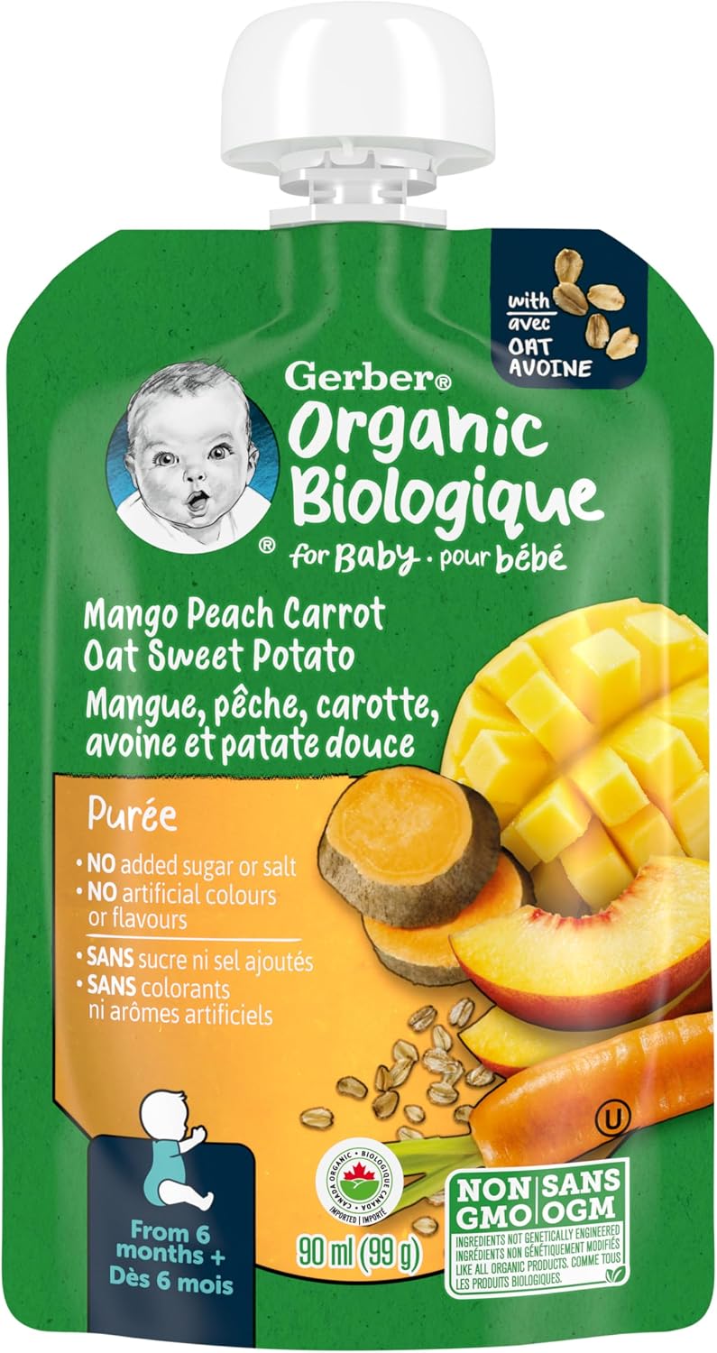 GERBER ORGANIC MANGO/PEACH/CARROT/SWEET POT/OAT99G pack of 12