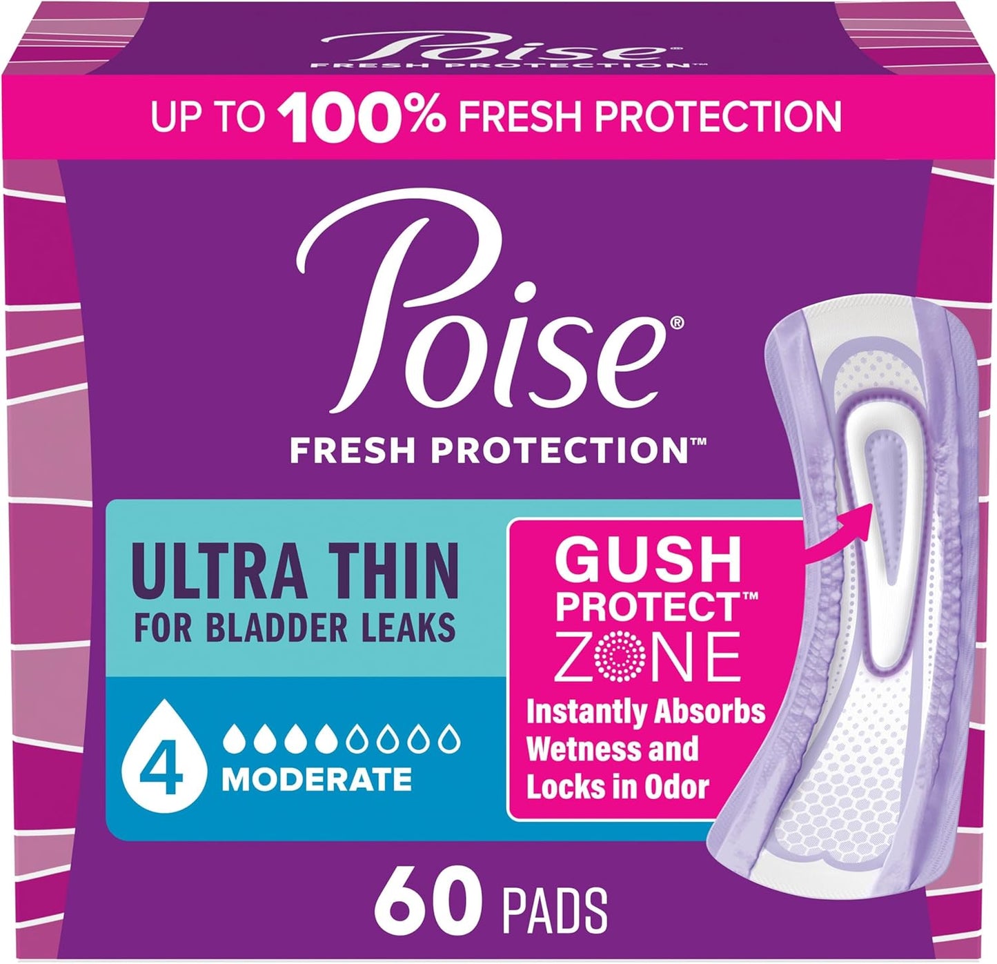 POISE ULTRA THIN PADS MODERATE ABSORBENCY THIN 60 pack of 3