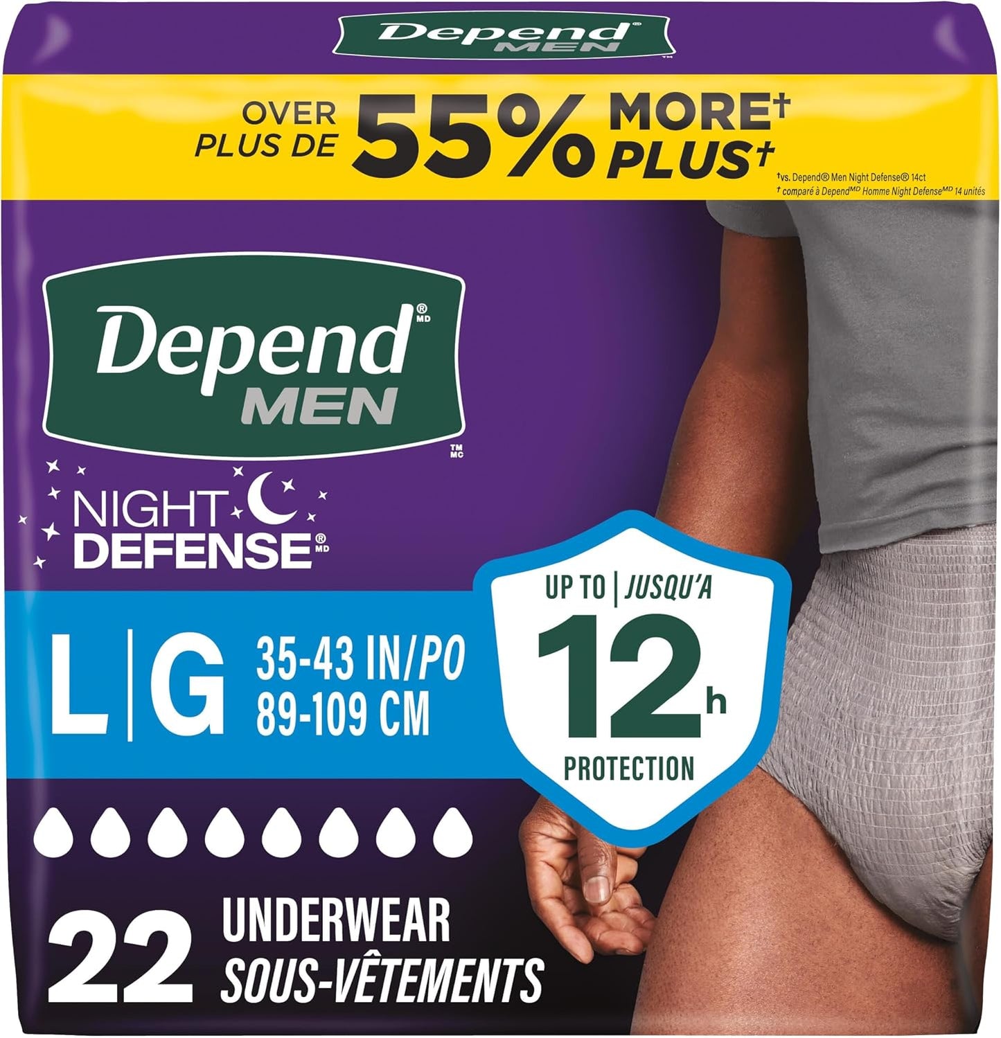 DEPEND NIGHT DEFENSE UNDERWEAR MEN LG GREY 22 pack of 2