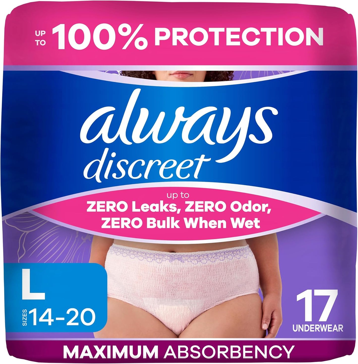 ALWAYS DISCREET UNDERWEAR LG MAXIMUM 17 pack of 2