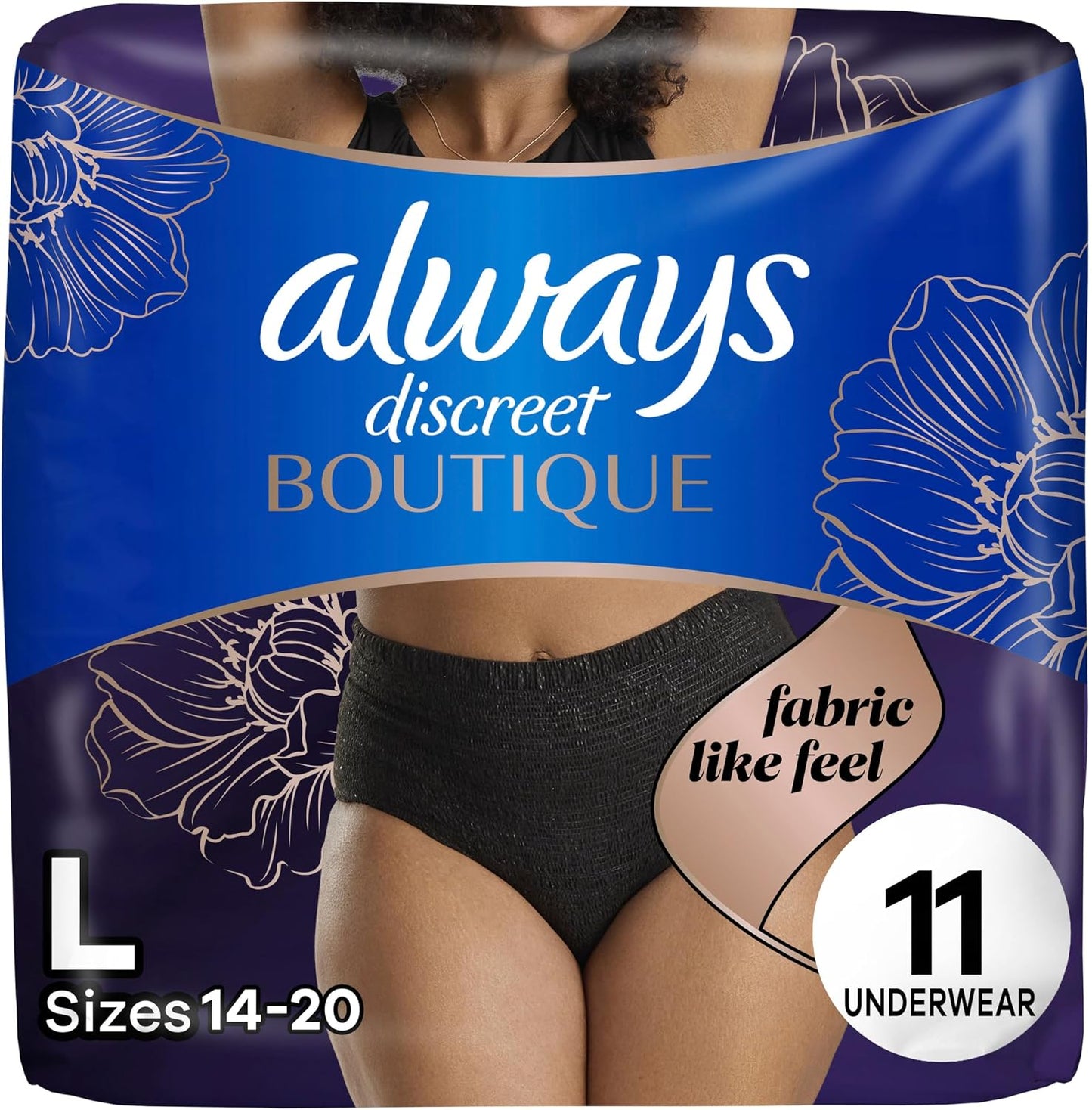 ALWAYS DISCREET BOUTIQUE UNDERWEAR BLACK LG MAX 11 pack of 2