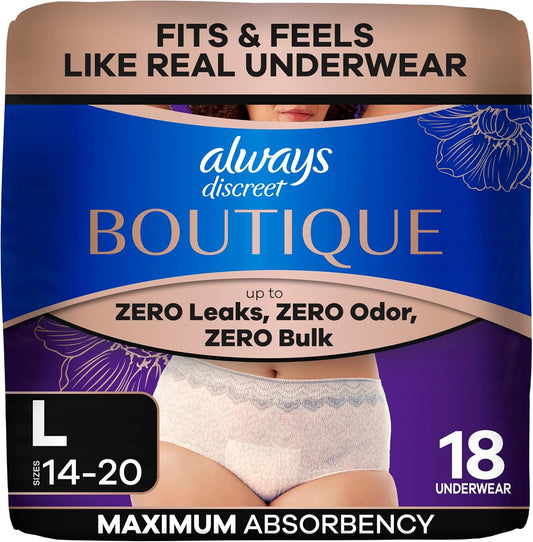 ALWAYS DISCREET BOUTIQUE UNDERWEAR LG 18 pack of 2