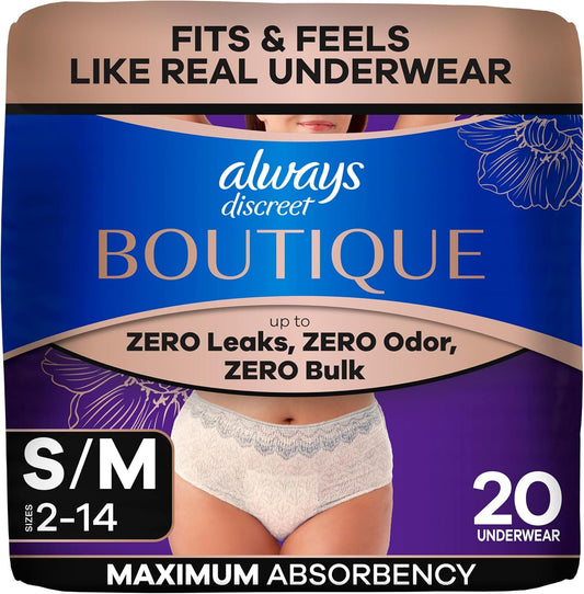 ALWAYS DISCREET BOUTIQUE UNDERWEAR SM/MD MAX 20 pack of 2