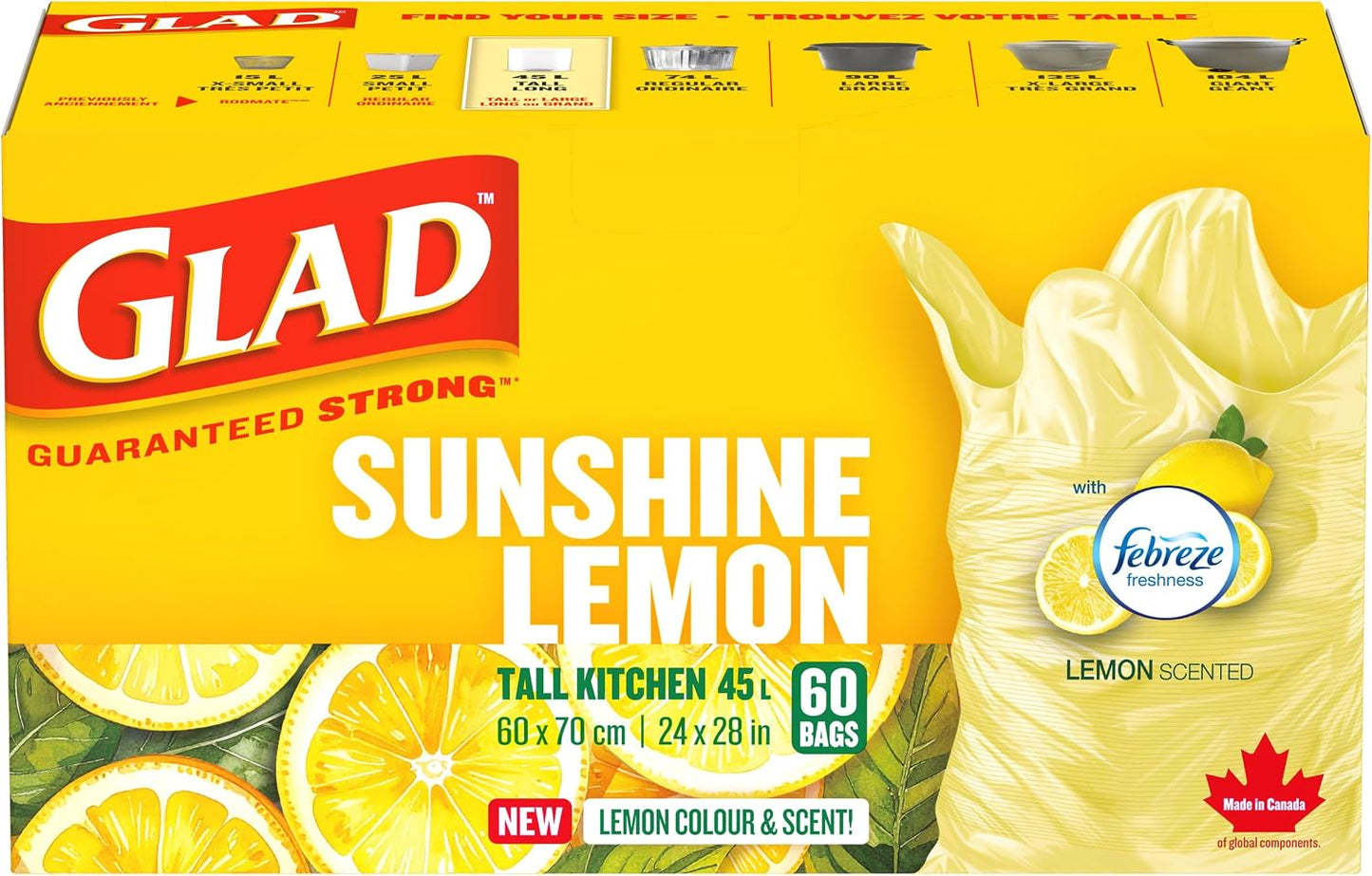 GLAD BAG SUNSHINE LEMON TALL 45L 60 pack of 6