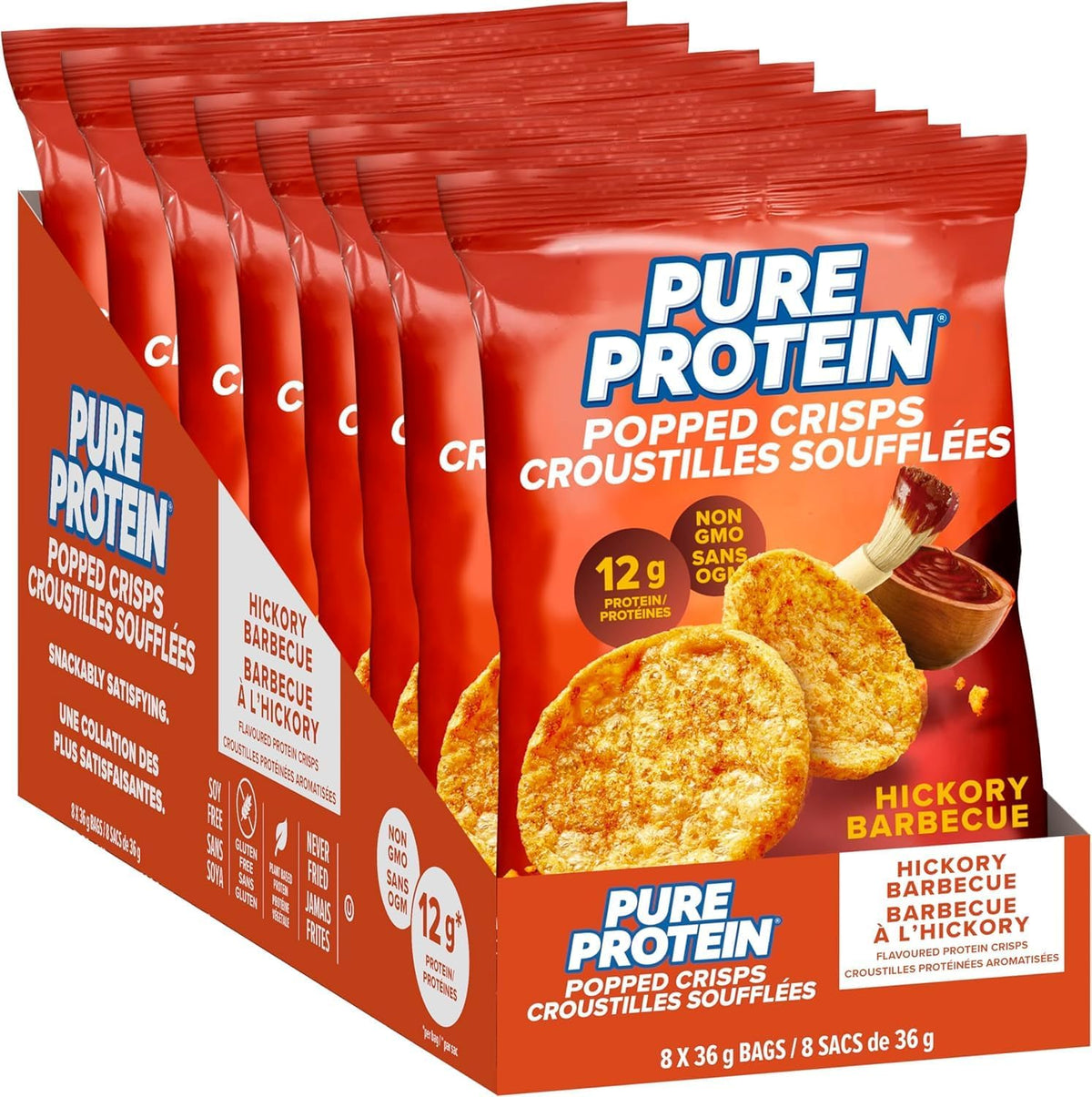 PURE PROTEIN POPPED CRISPS BBQ HYCKORY 36G pack of 8