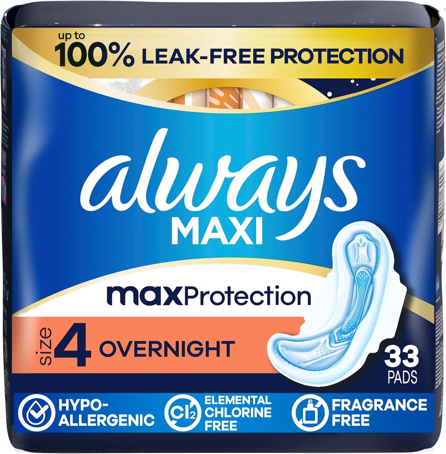 ALWAYS MAXI PADS WINGS OVRNT UNSCCENTED SIZE 4 33 pack of 6