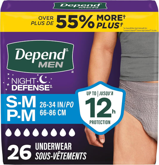 DEPEND NIGHT DEFENSE UNDERWEAR MEN SM/MD GREY 26 pack of 2