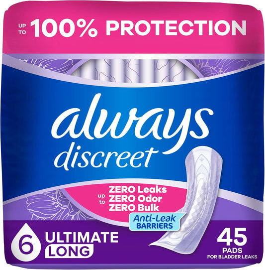 ALWAYS DISCREET EXTRA HEAVY LONG PADS 45 pack of 2
