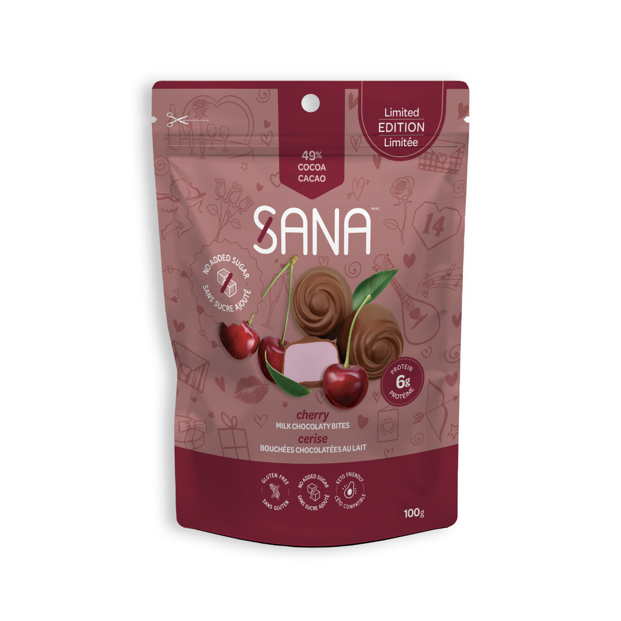 Sana Sweet Life    Sana Bites 6x100G    Flavour: Milk Chocolaty Cherry 
Container Size: 100 g    Case of 6