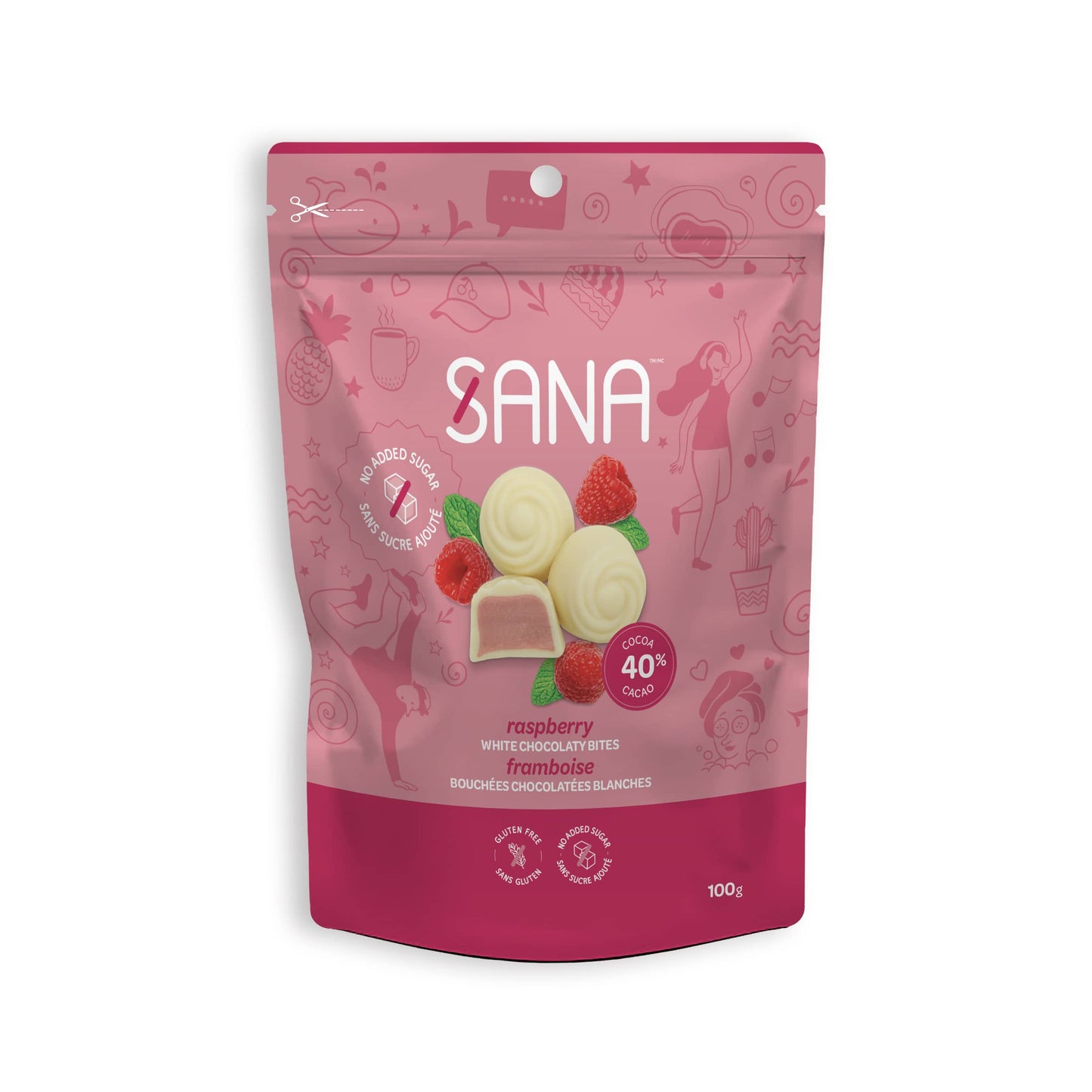 Sana Sweet Life    Sana Bites 6x100G    Flavour: White Chocolaty Raspberry 
Container Size: 100 g    Case of 6