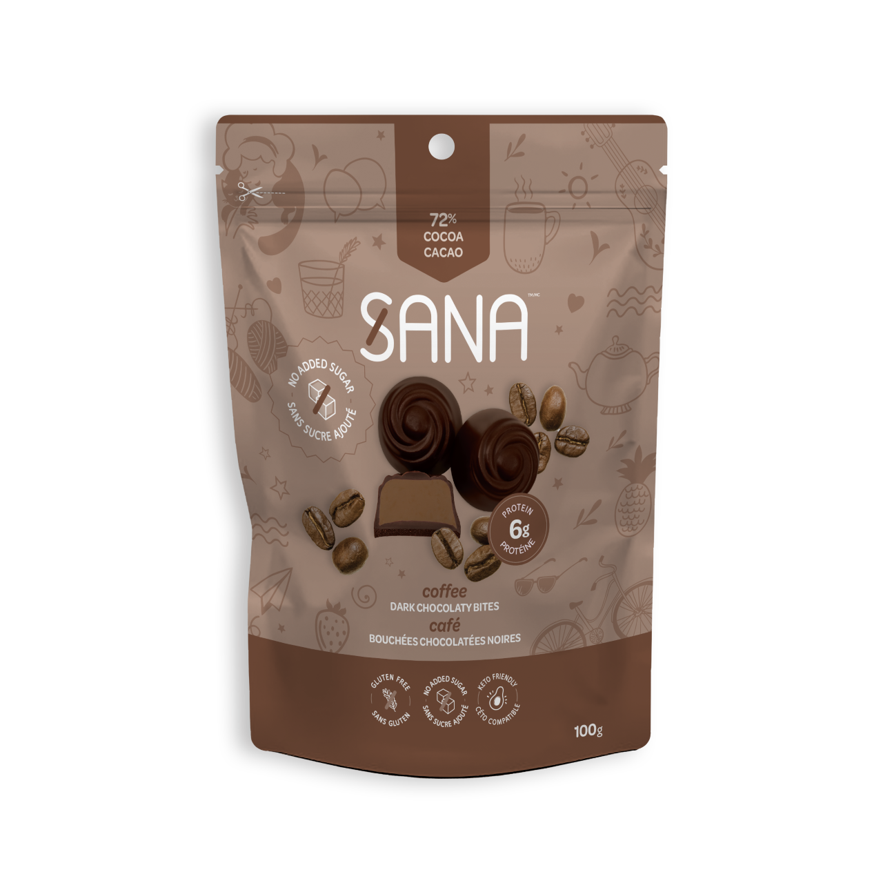 Sana Sweet Life    Sana Bites 6x100G    Flavour: Dark Chocolaty Coffee 
Container Size: 100 g    Case of 6