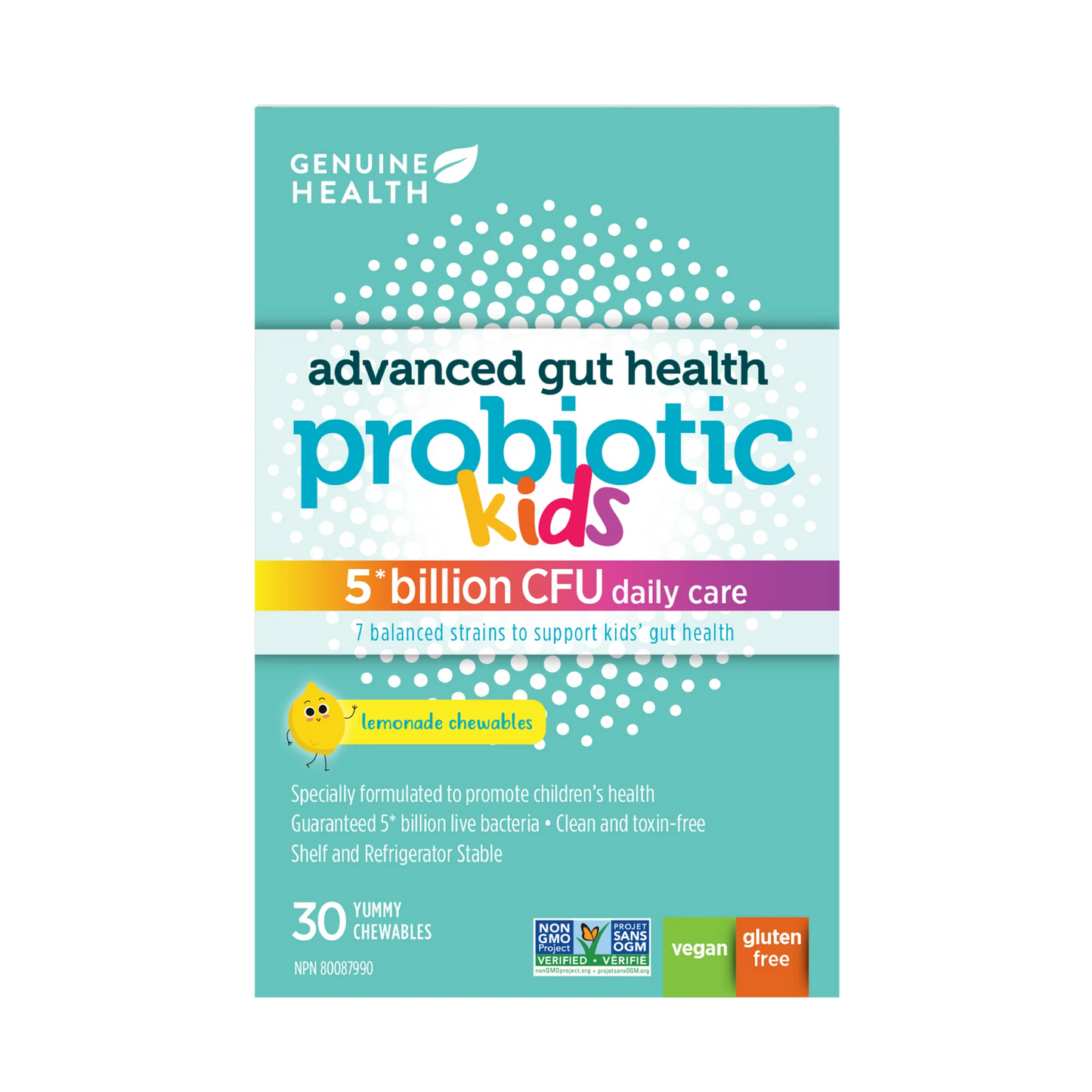 Genuin Health   advanced gut health probiotic for kids lemonade 5 billion, 30 chewables