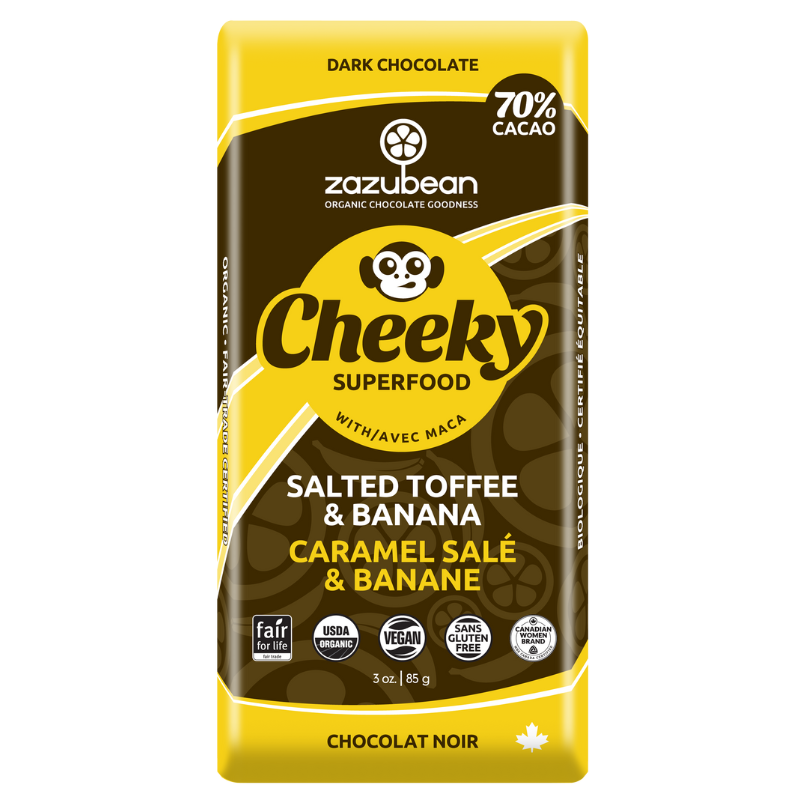 ZAZUBEAN ORGANIC CHOCOLATES    OrgCheekyBanana SaltdToffee 85g*12