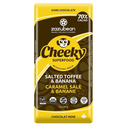 ZAZUBEAN ORGANIC CHOCOLATES    OrgCheekyBanana SaltdToffee 85g*12