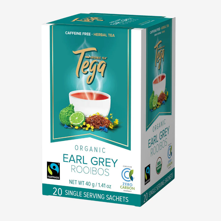 Tega Organic Tea   Organic Earl Grey Rooibos Tea - Caffeine Free - Fairtrade - 20ct   20 single serving sachets