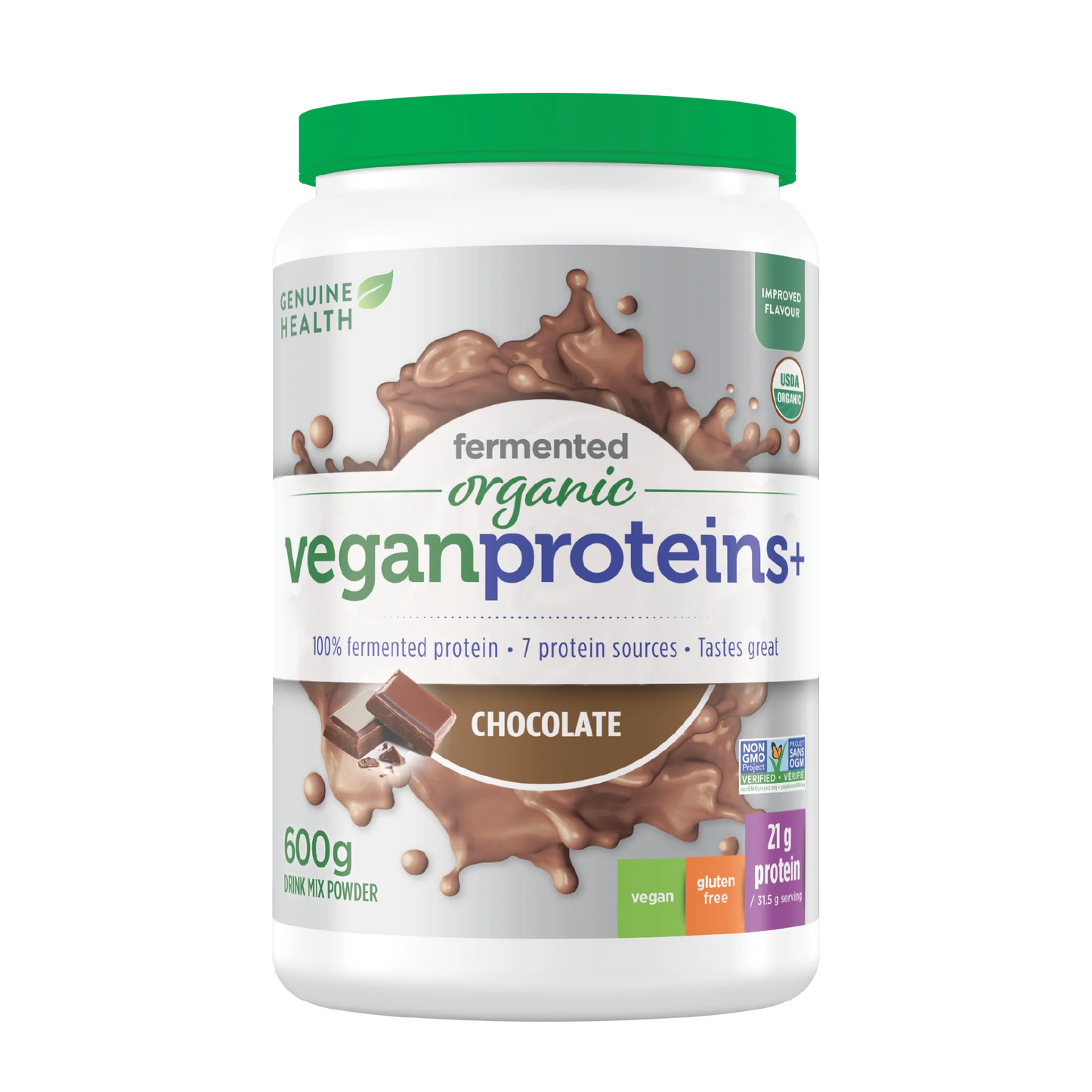 Genuin Health   fermented organic vegan proteins+ chocolate 19 servings