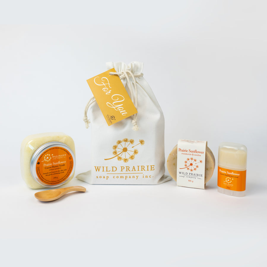 Wild Prairie Soap-Glow Getter Gift Set (contains 1 x bar soap, cocoa butter scrub, 15 g lotion bar, wood scrub spoon in cotton bag); Avail in Lavender Bloom, Prairie Sunflower, Rosehip & Grapefruit, Vanilla Bean & Coffee and Mango Kiss