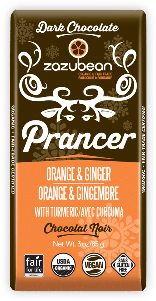 ZAZUBEAN ORGANIC CHOCOLATES    Seasonal    ZAZUBEAN ORGANIC CHOCOLATES    Seasonal    Org Prancer Orange/GingDark85g*12
