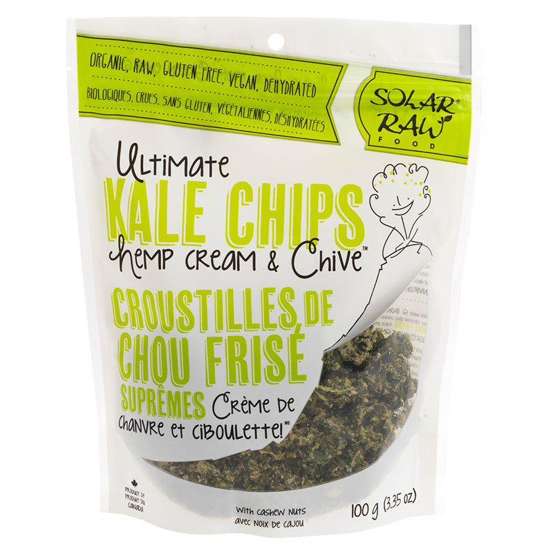 Solar Raw Foods   Ultimate Kale Chips - Hemp Cream & Chive Flavoured - NEW UPC   100 g / 3.35 oz
