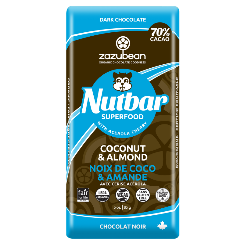 ZAZUBEAN ORGANIC CHOCOLATES    Org Nutbar Coconut&Almonds 85g*12
