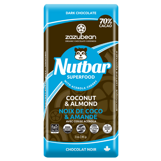 ZAZUBEAN ORGANIC CHOCOLATES    Org Nutbar Coconut&Almonds 85g*12