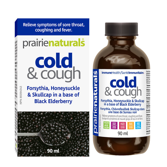PrairieNaturals   Cold & Cough Forsythia, Honeysuckle, & Skullcap in Black Elderberry Syrup   90mL