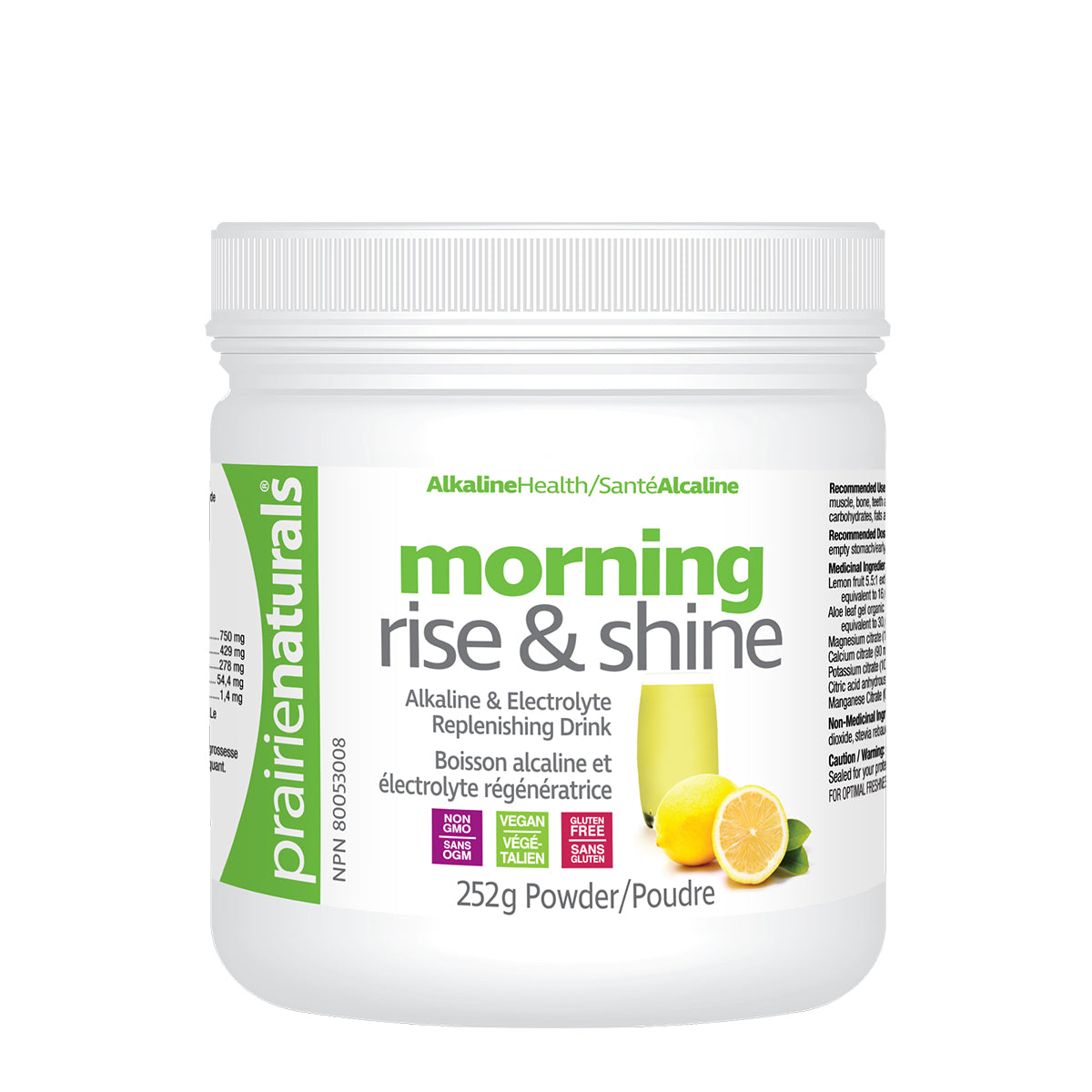 PrairieNaturals   Morning Rise & Shine pH Balancing Lemon, Aloe, & Mineral Drink Mix   252g