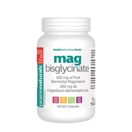 PrairieNaturals   NEW! BONUS Magnesium Bisglycinate 200 mg   120 + 20 V-caps