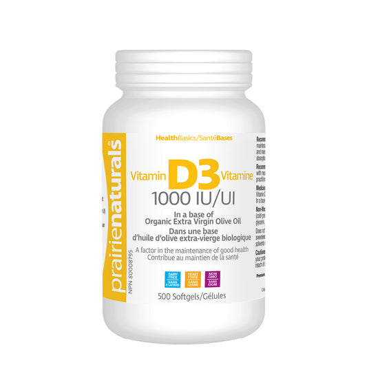 PrairieNaturals   Vitamin D3 Cholecalciferol 1,000 IU in Organic Extra-Virgin Olive Oil   500 Softgels
