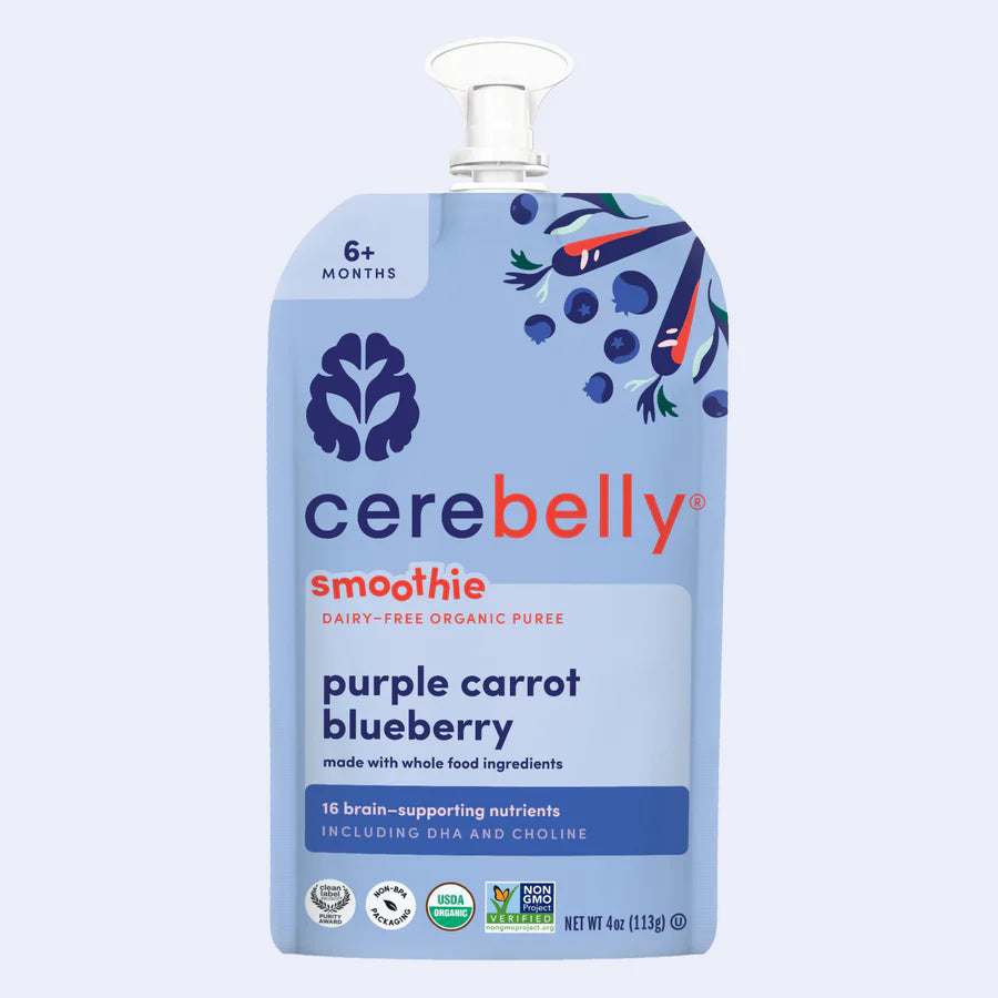 Cerebelly    Cerebelly Organic Smoothies    Flavour: Purple Carrot Blueberry Banana 
Container Size: 128 mL    Case of 12 (2 Packs of 6)