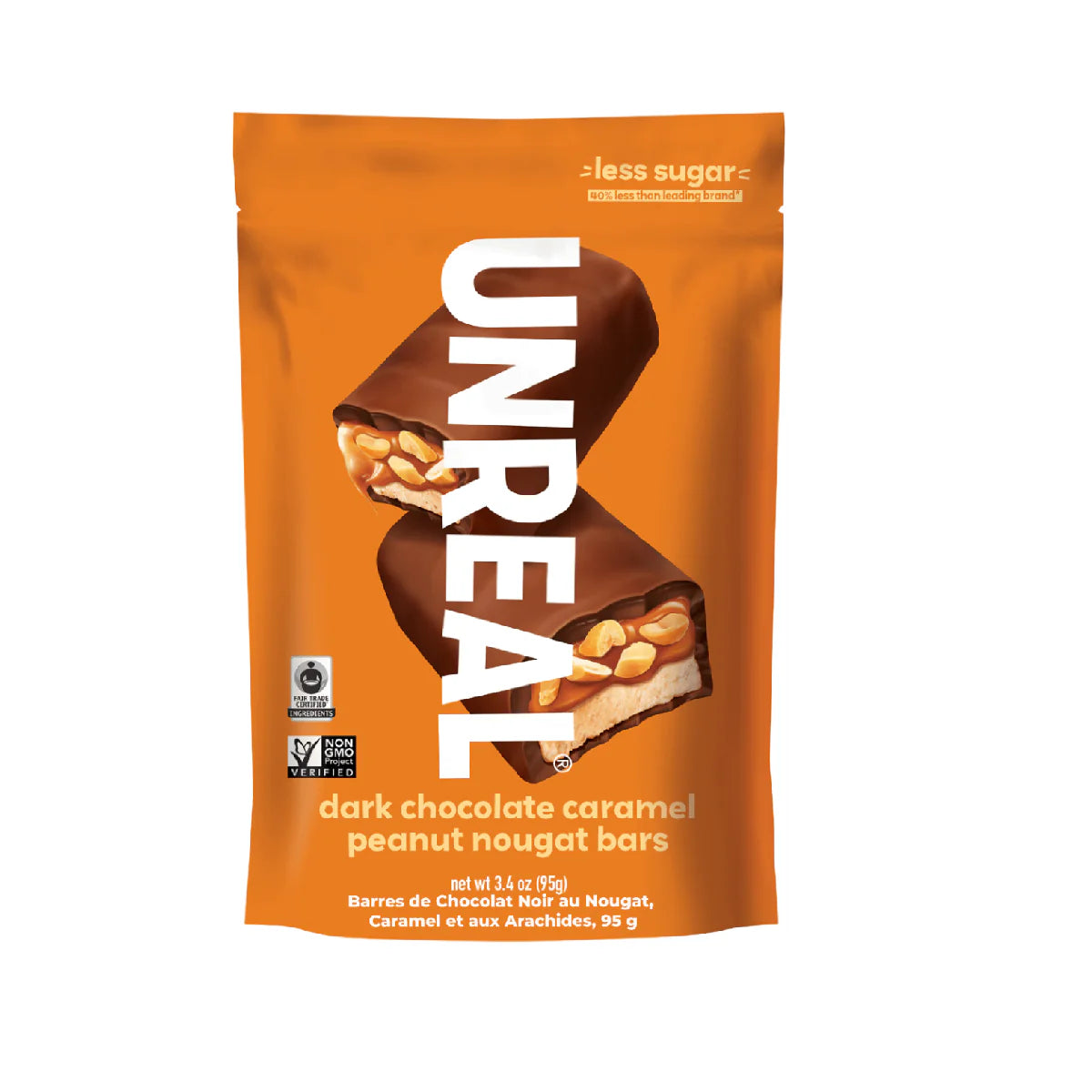Unreal Snacks    Unreal Multi-Serve Bags (Bilingual)    Flavour: Dark Chocolate Caramel Peanut Nougat Bars 
Container Size: 94 g    Case of 6
