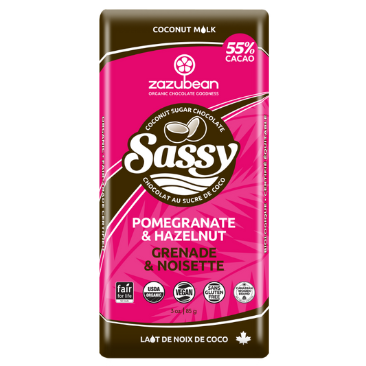ZAZUBEAN ORGANIC CHOCOLATES    Org Sassy Pom&Hazelnut Vegan85g*12