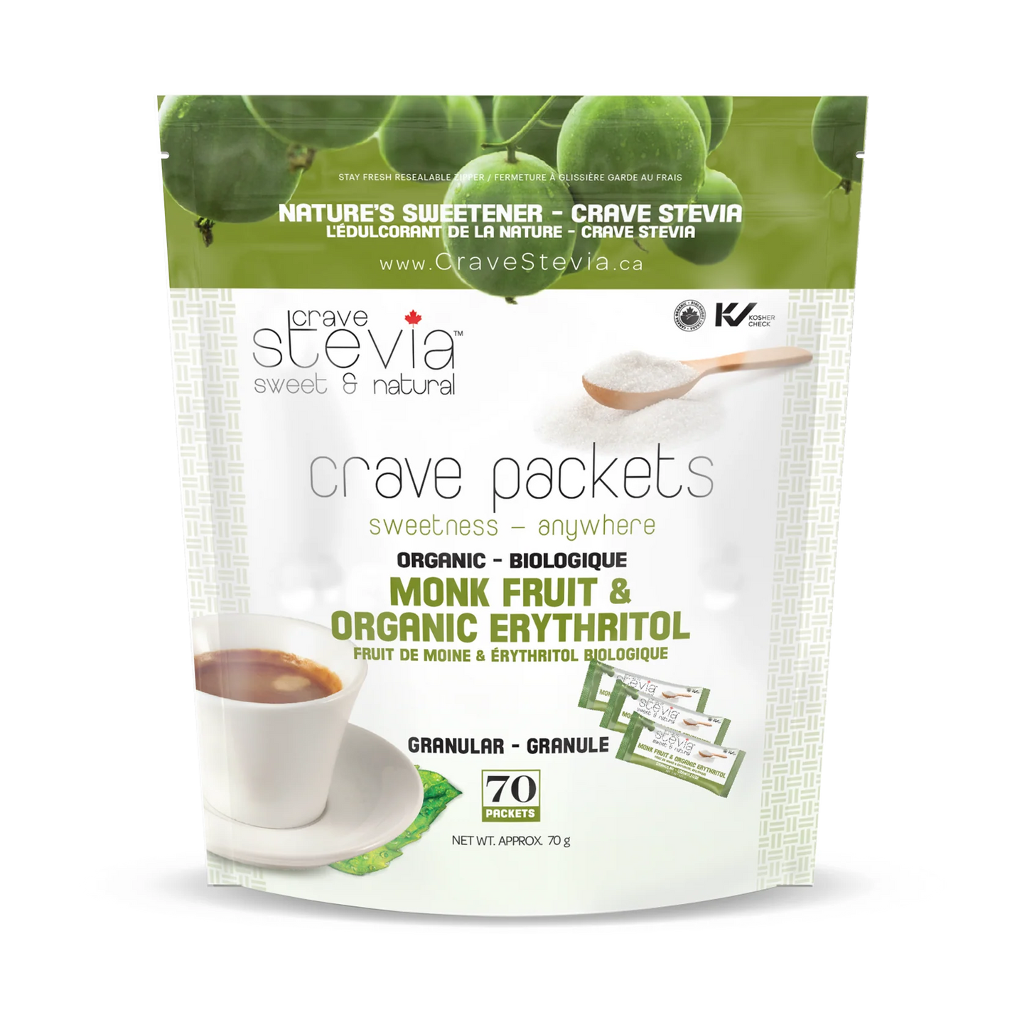 CRAVE STEVIA    Monk Fruit & Erythritol Packets 70Ct