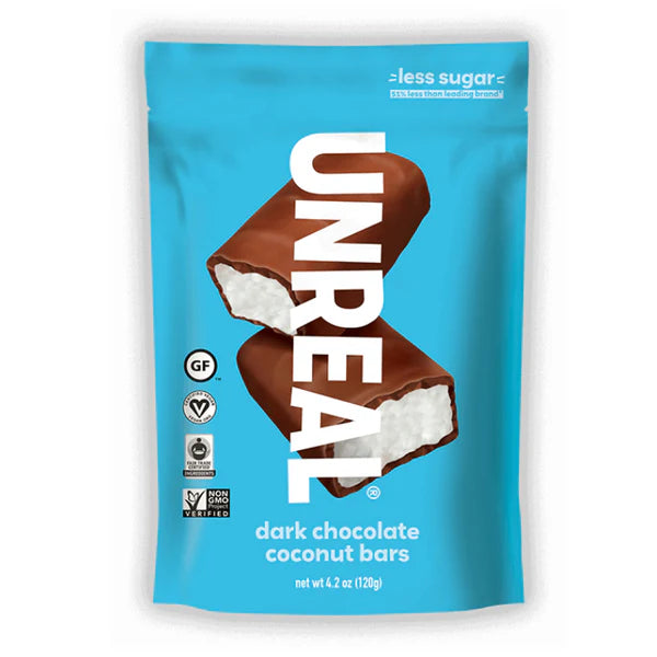 Unreal Snacks    Unreal Multi-Serve Bags (Bilingual)    Flavour: Dark Chocolate Coconut Bars 
Container Size: 120 g    Case of 6