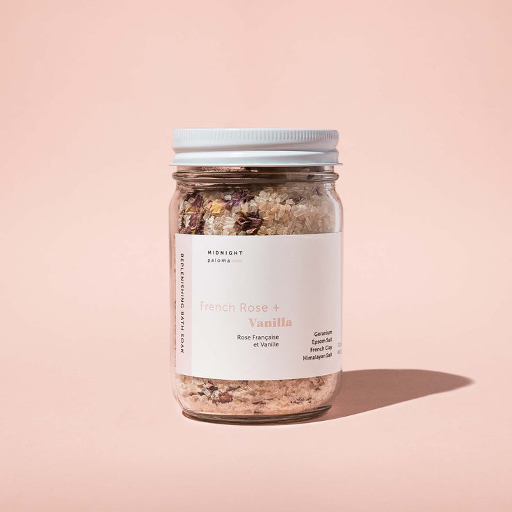 Midnight Paloma - Eucalyptus + Peppermint Blossom Muscle Recovery Bath Soak 12oz - French Rose + Vanilla Replenishing Bath Soak 12oz